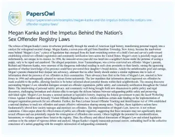 Essay on Megan Kanka and the Impetus Behind the Nation’s Sex Offender Registry Laws