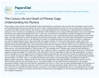 Essay on The Curious Life and Death of Phineas Gage: Understanding the Mystery