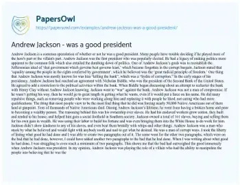 Essay on Andrew Jackson – was a Good President