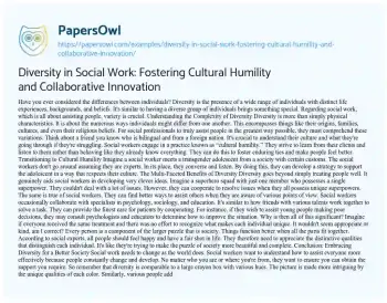 Essay on Diversity in Social Work: Fostering Cultural Humility and Collaborative Innovation