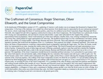 Essay on The Craftsmen of Consensus: Roger Sherman, Oliver Ellsworth, and the Great Compromise