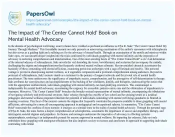 Essay on The Impact of ‘The Center cannot Hold’ Book on Mental Health Advocacy