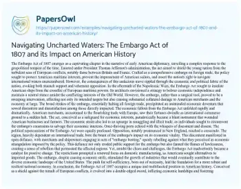 Essay on Navigating Uncharted Waters: the Embargo Act of 1807 and its Impact on American History