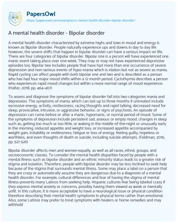 Essay on A Mental Health Disorder – Bipolar Disorder