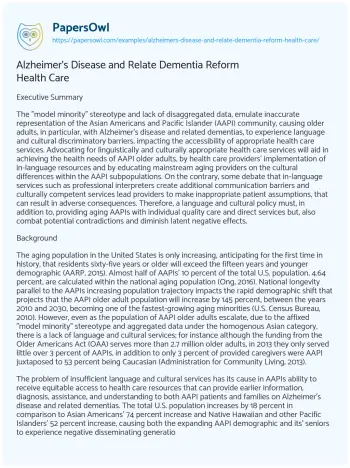 Essay on Alzheimer’s Disease and Relate Dementia Reform Health Care