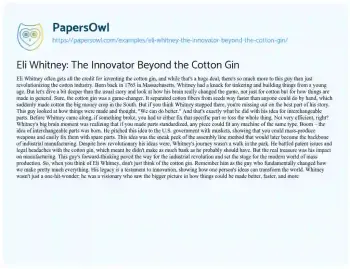 Essay on Eli Whitney: the Innovator Beyond the Cotton Gin