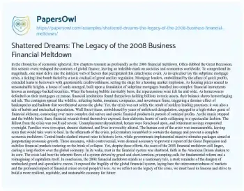 Essay on Shattered Dreams: the Legacy of the 2008 Business Financial Meltdown