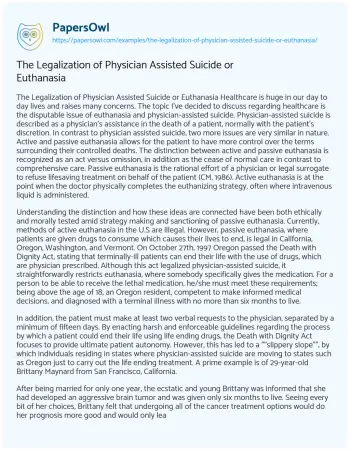 Essay on The Legalization of Physician Assisted Suicide or Euthanasia