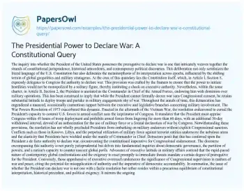 Essay on The Presidential Power to Declare War: a Constitutional Query