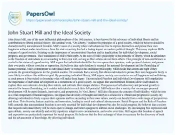 Essay on John Stuart Mill and the Ideal Society