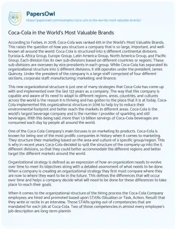 Essay on Coca-Cola in the World’s most Valuable Brands