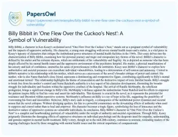 Essay on Billy Bibbit in ‘One Flew over the Cuckoo’s Nest’: a Symbol of Vulnerability