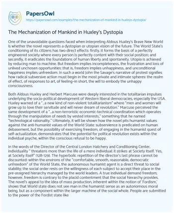 Essay on The Mechanization of Mankind in Huxley’s Dystopia 