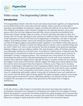 Essay on Politics Essay – the Longstanding Catholic View