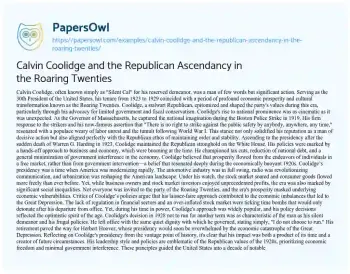 Essay on Calvin Coolidge and the Republican Ascendancy in the Roaring Twenties