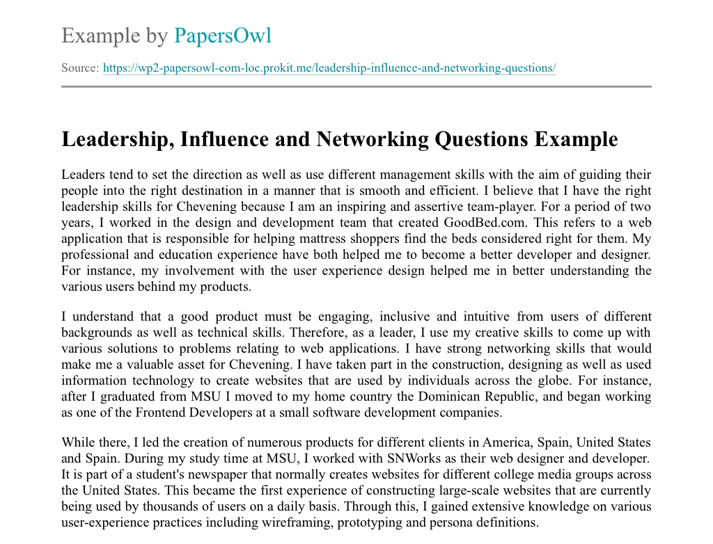 Leadership, Influence and Networking Questions Free Essay Example