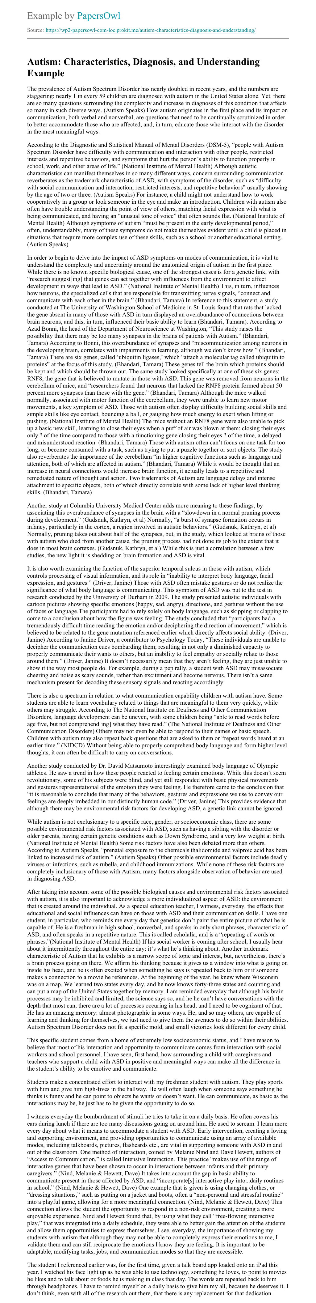 Autism Spectrum Disorder (ASD): Case Study | Psychology Paper Example