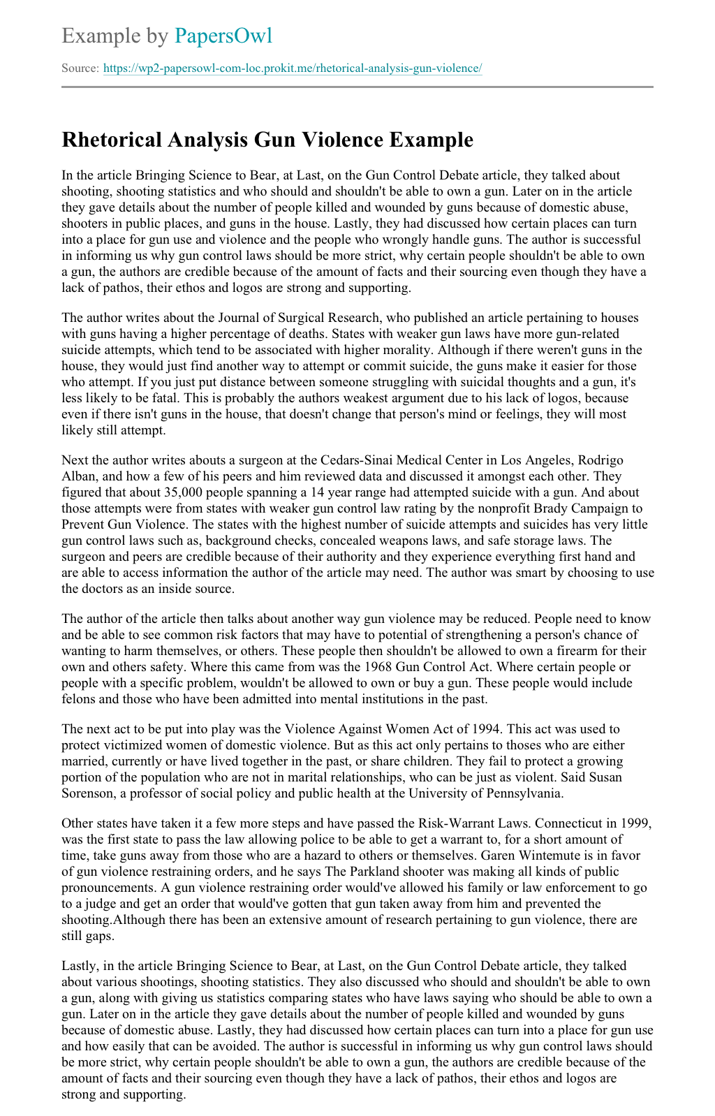 Rhetorical Analysis Gun Violence Free Essay Example