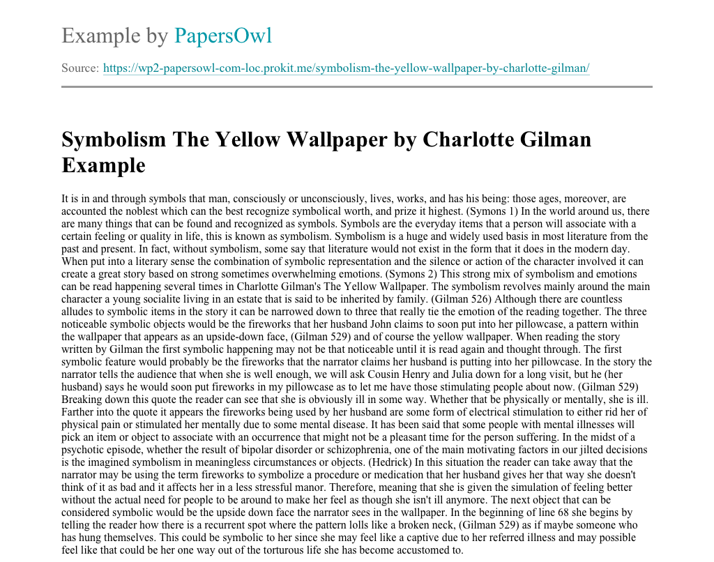 Symbolism The Yellow Wallpaper by Charlotte Gilman Free Essay Example