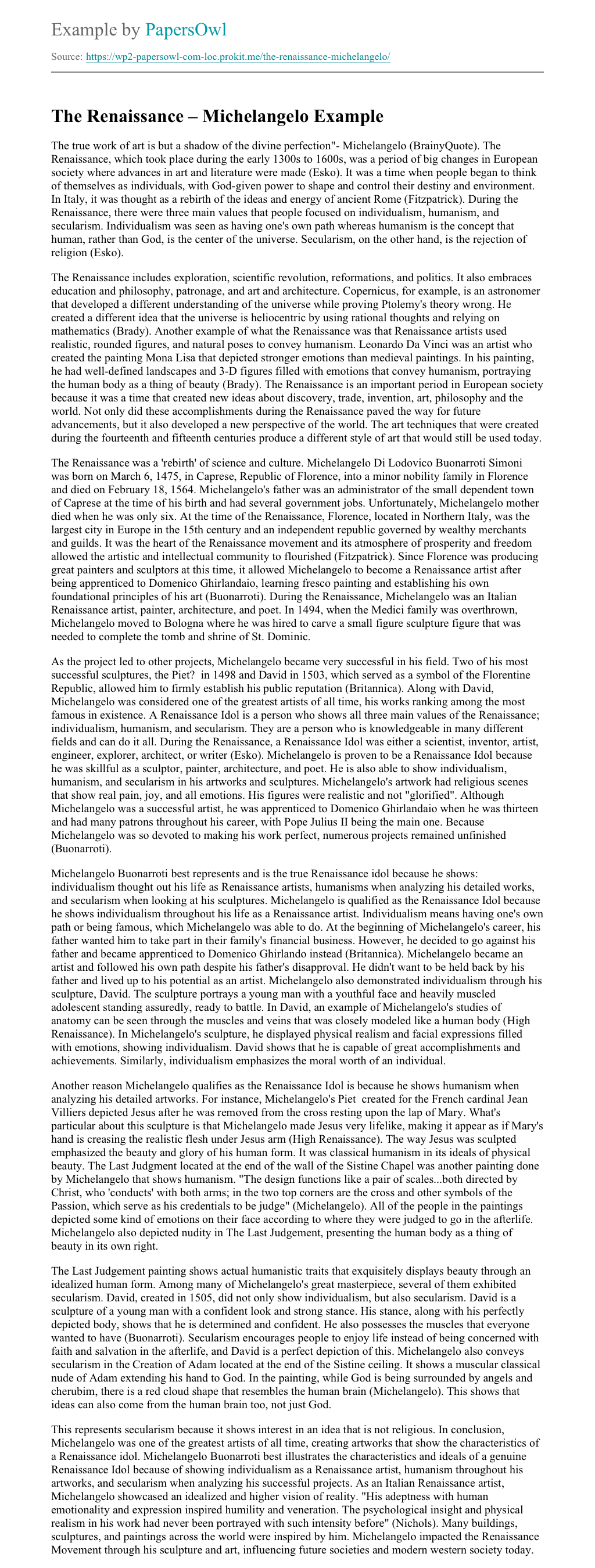 Free Michelangelo Essays and Papers | Help Me michelangelo research paper