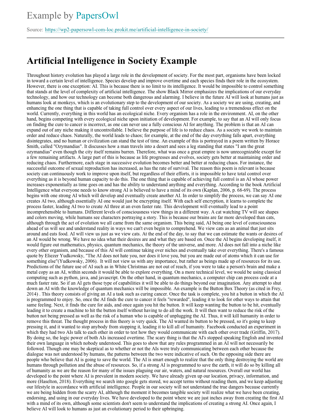 Artificial Intelligence in Society - Free Essay Example | PapersOwl.com