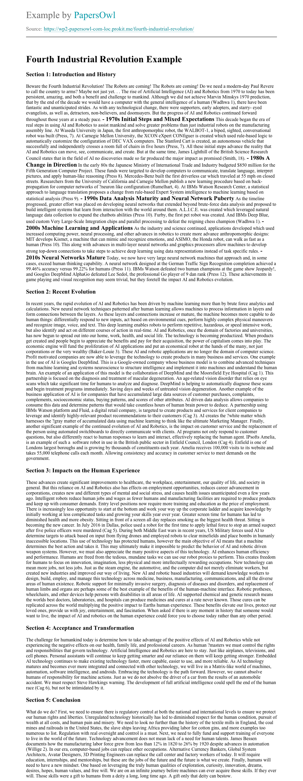 Fourth Industrial Revolution - Free Essay Example