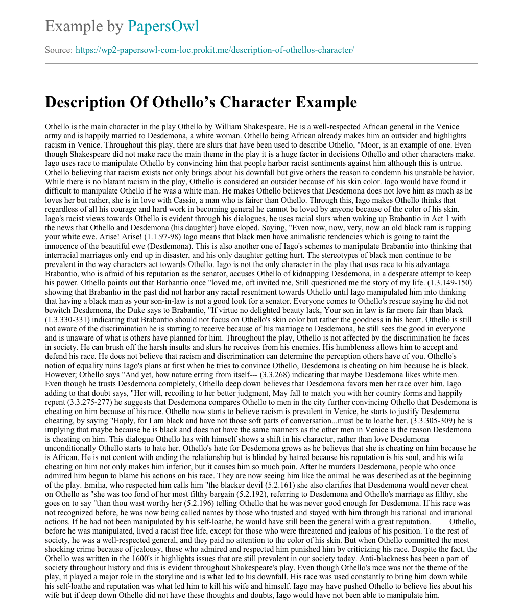 essay on othello's character