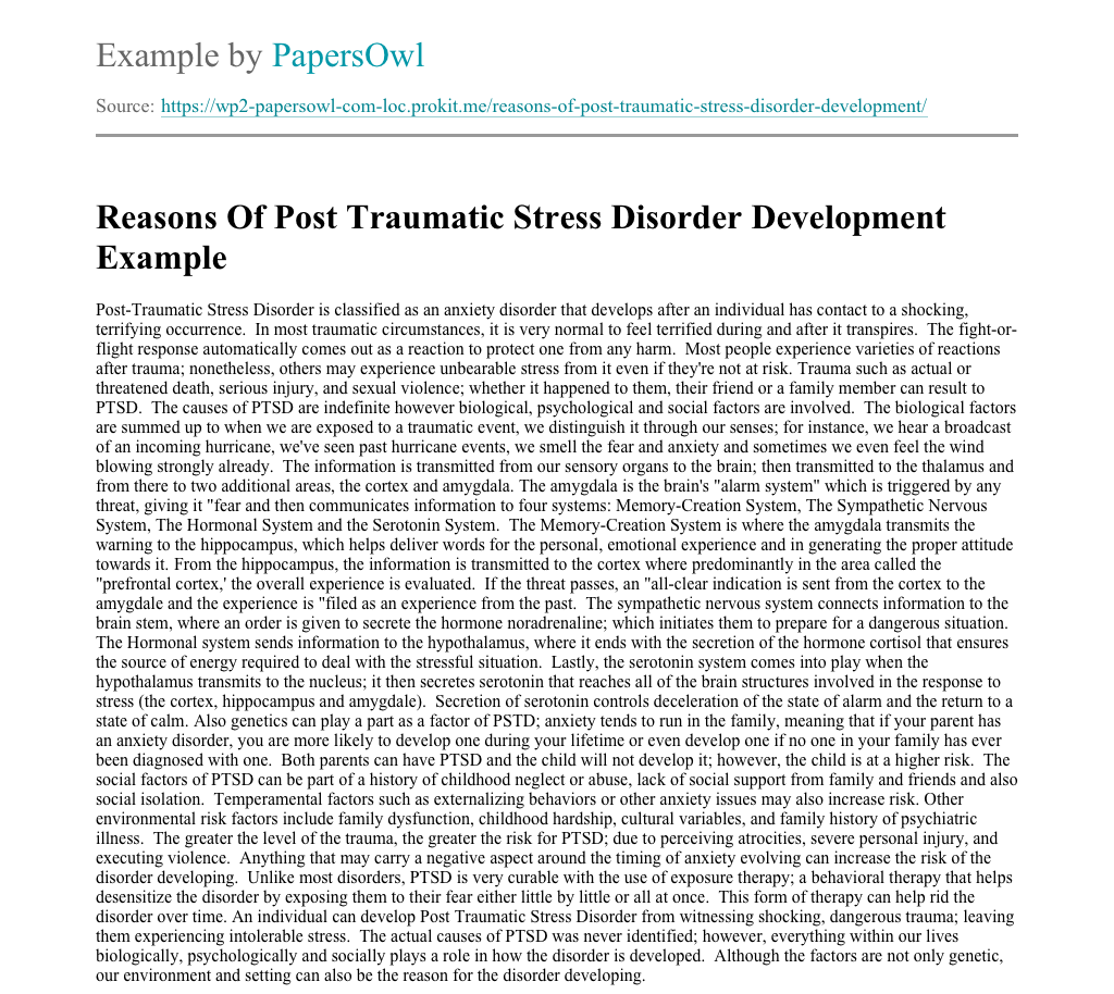 Posttraumatic Stress Disorder - Words | Essay Example post traumatic stress disorder essay