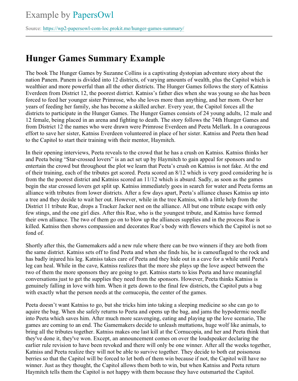 Hunger Games Summary Free Essay Example