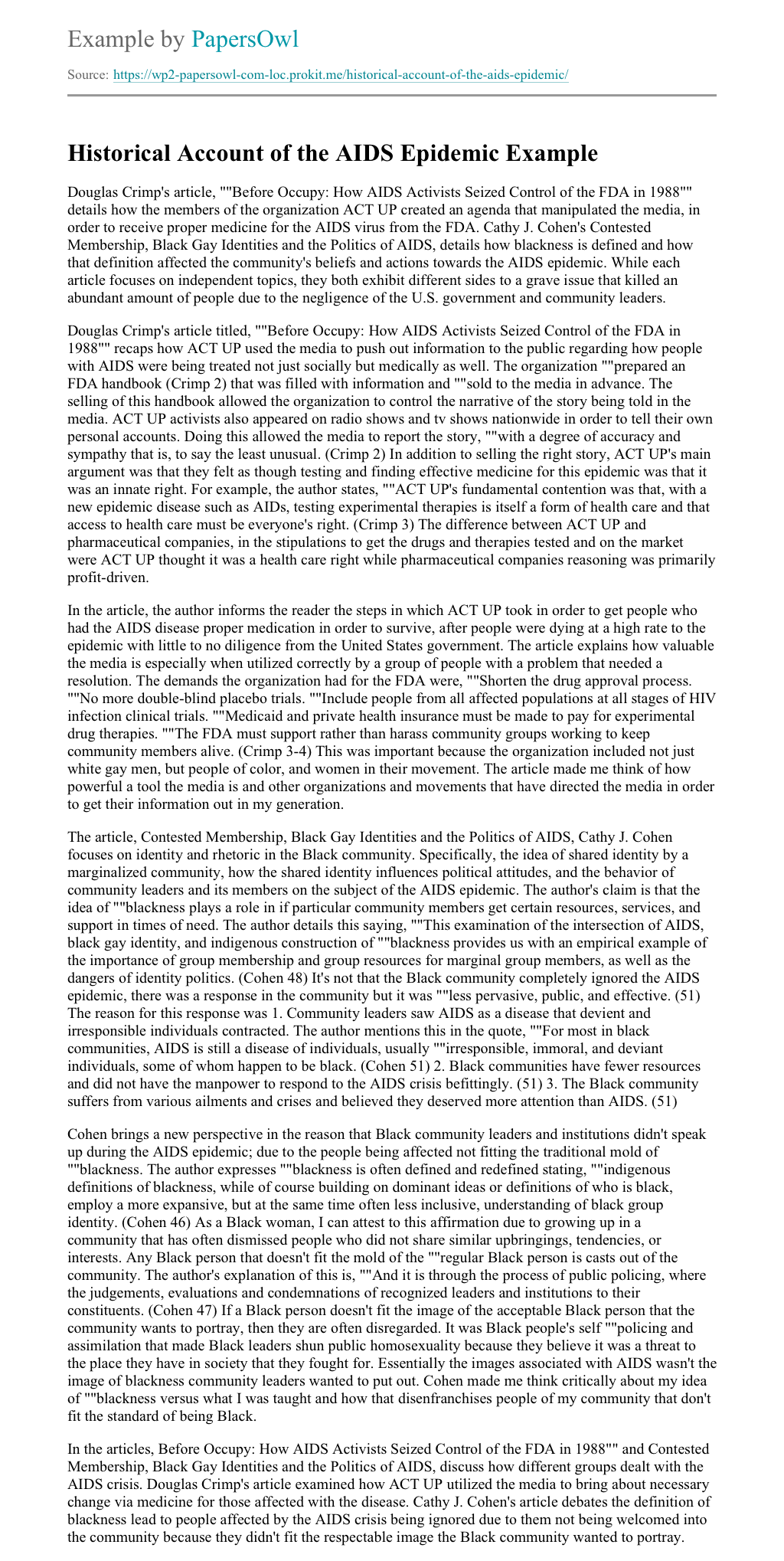 Historical Account of the AIDS Epidemic Free Essay Example