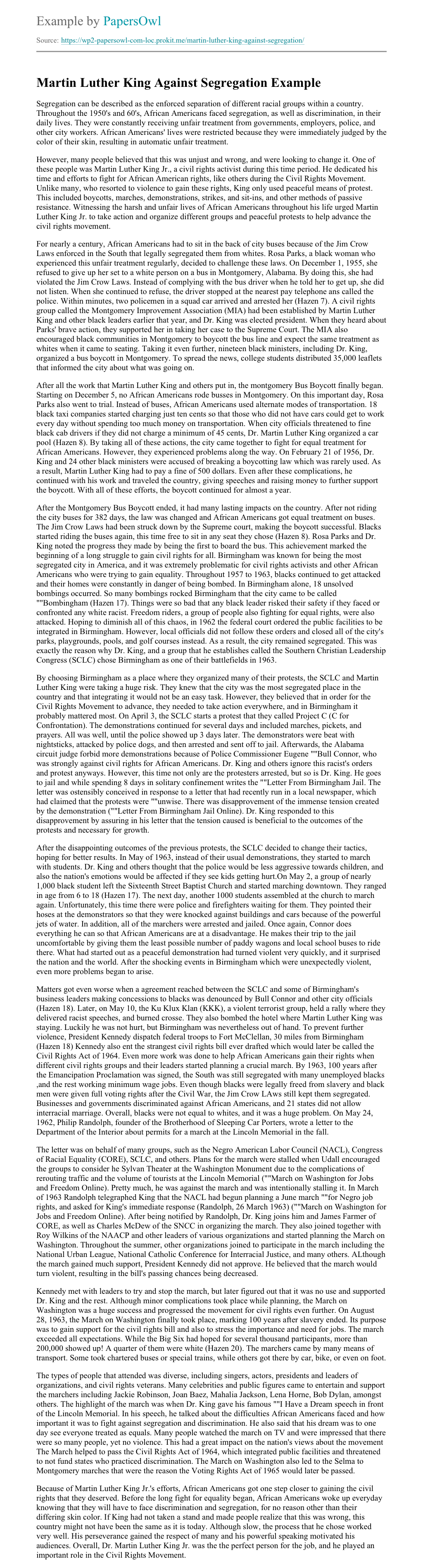 Martin Luther King Against Segregation - Free Essay Example | PapersOwl.com
