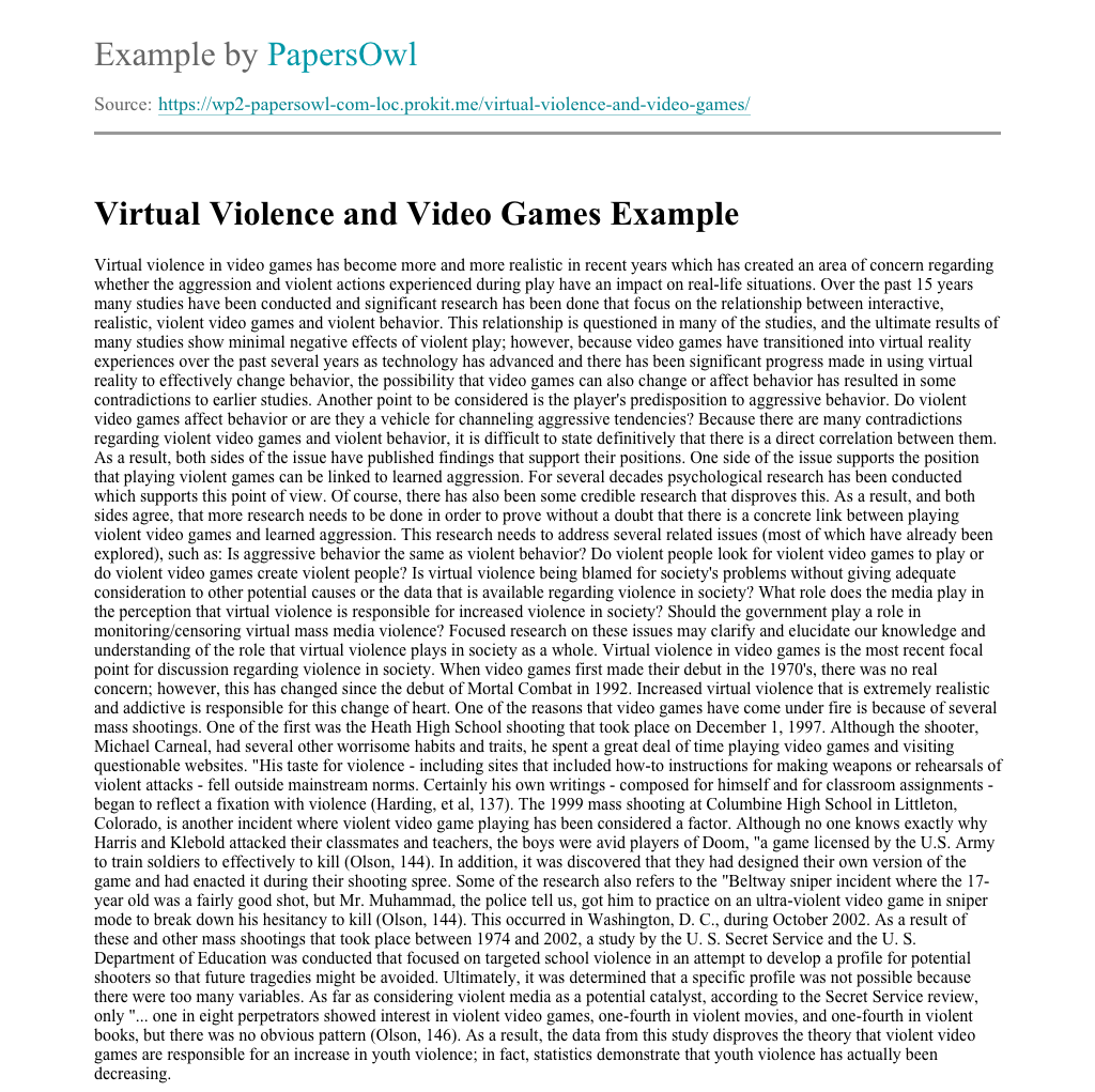 Virtual Violence and Video Games Free Essay Example