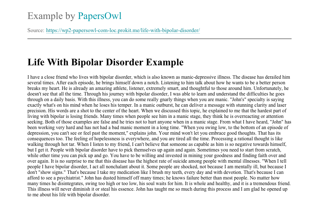 Life With Bipolar Disorder - Free Essay Example | PapersOwl.com