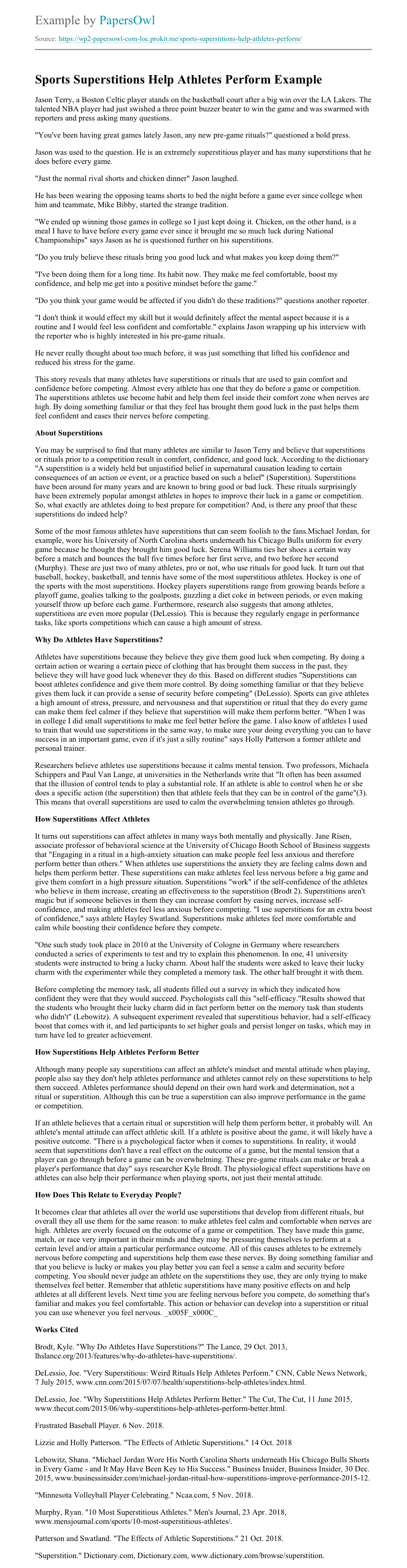 Sports Superstitions Help Athletes Perform Free Essay Example