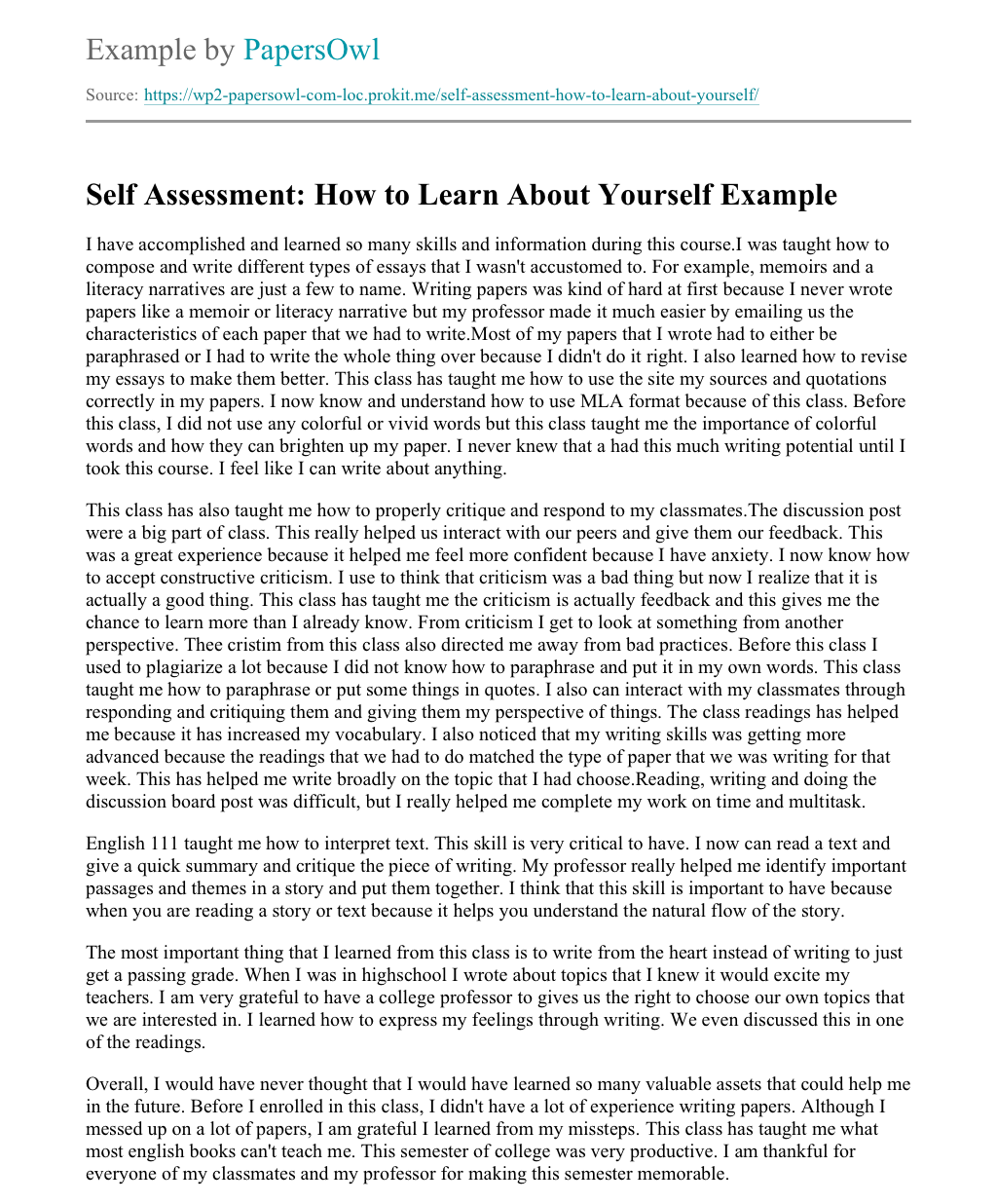 self assessment research paper example