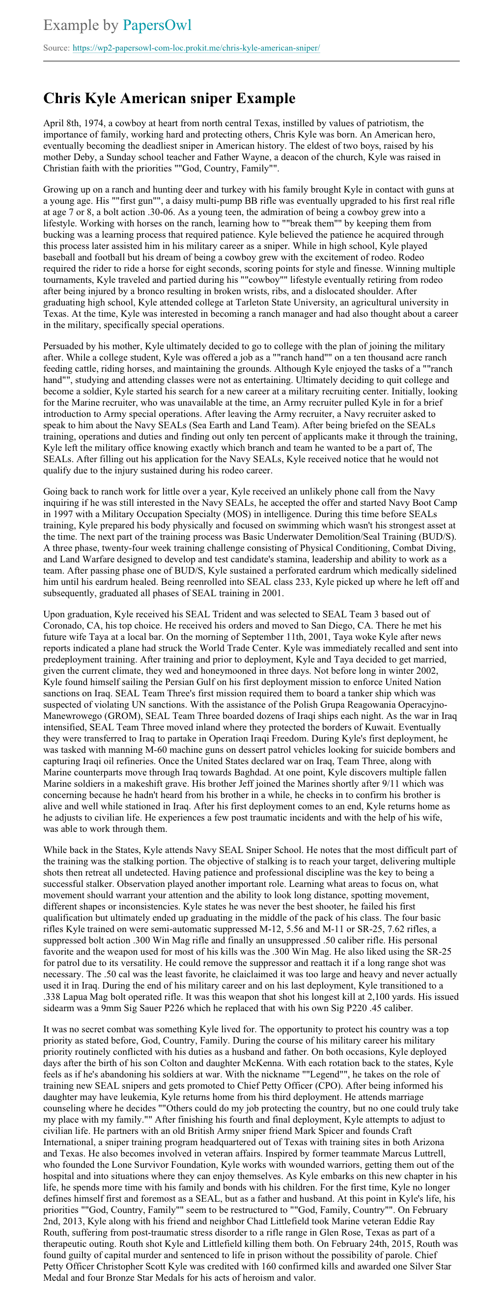 Chris Kyle American Sniper Free Essay Example Papersowl Com