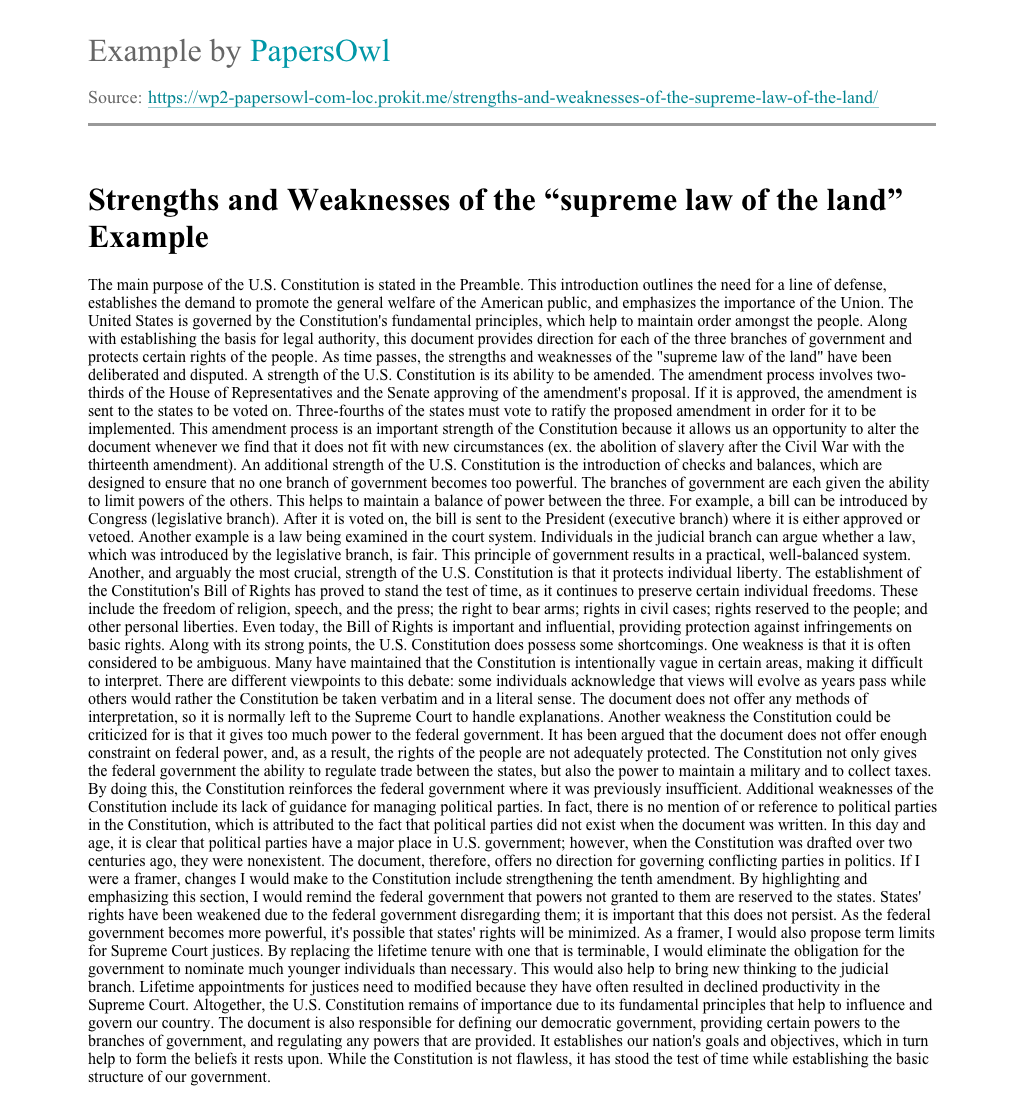 Strengths And Weaknesses Of The Supreme Law Of The Land Free Essay Example Papersowl Com
