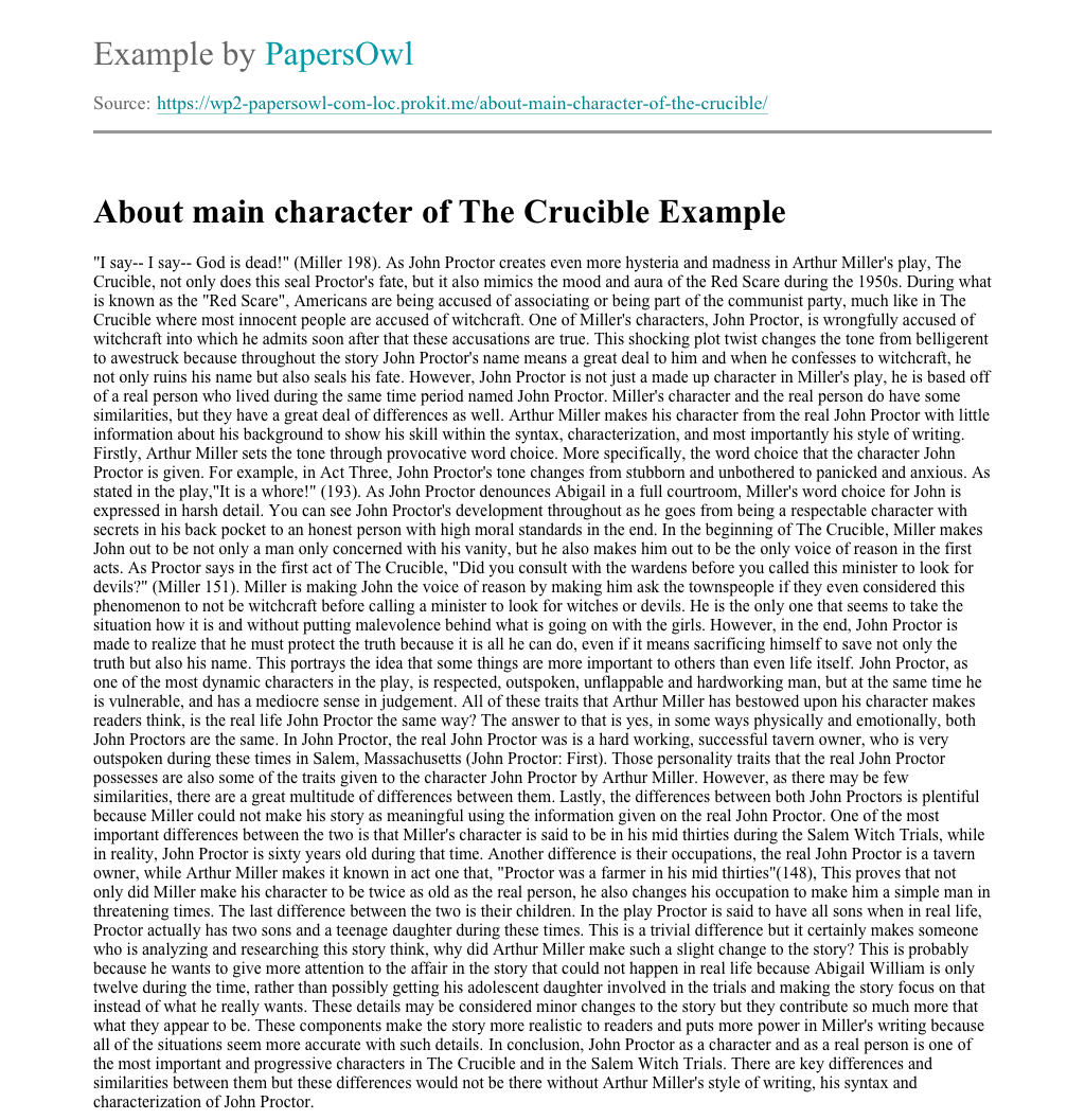 About main character of The Crucible Free Essay Example