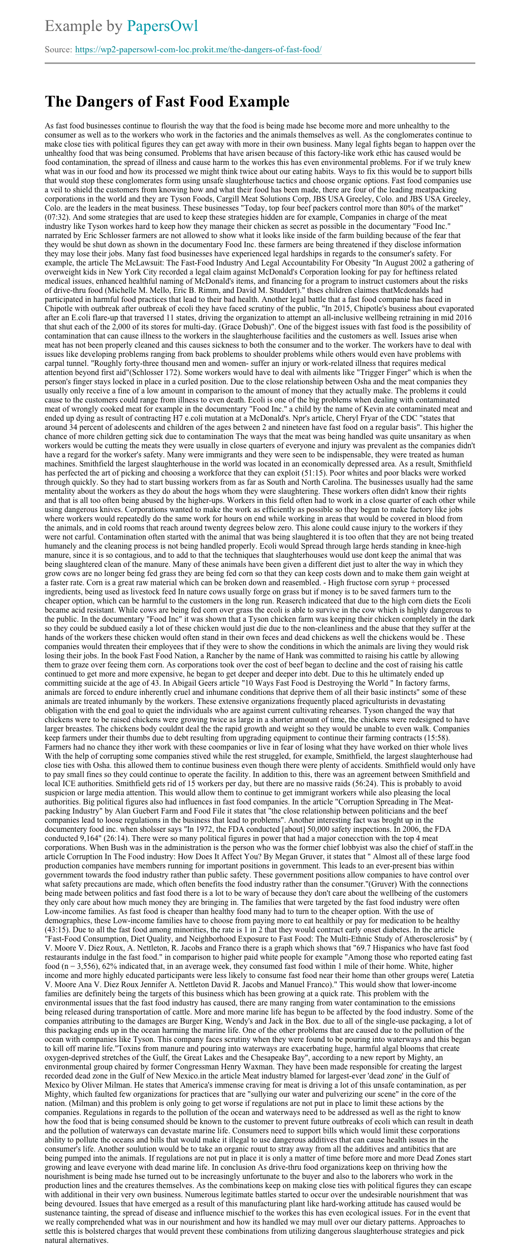 The Dangers of Fast Food - Free Essay Example | PapersOwl.com