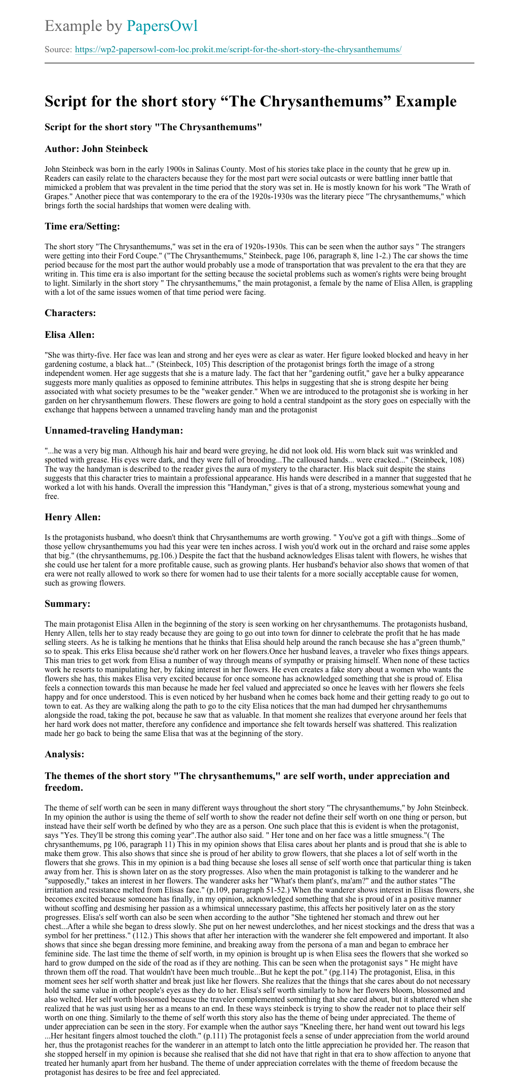 The Chrysanthemums Characters, Themes and Summary Free Essay Example