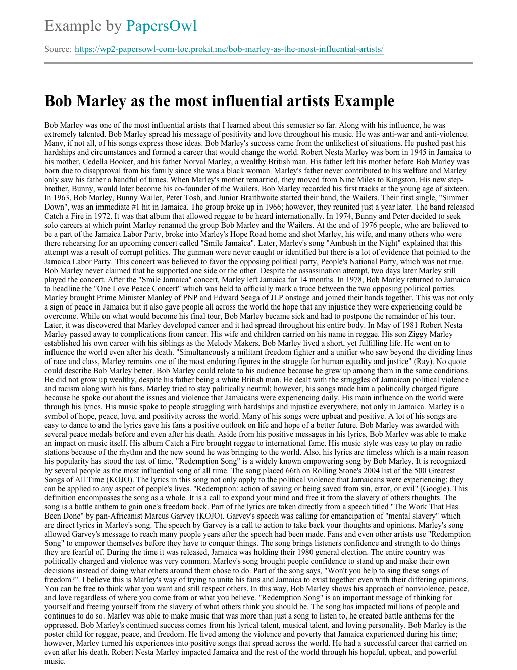 bob marley biography essay