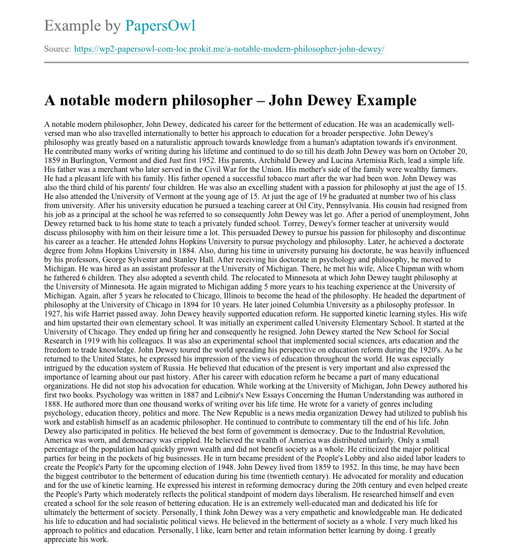 Critique Of John Dewey’s Philosophy Of Progressivism: [Essay Example], words GradesFixer