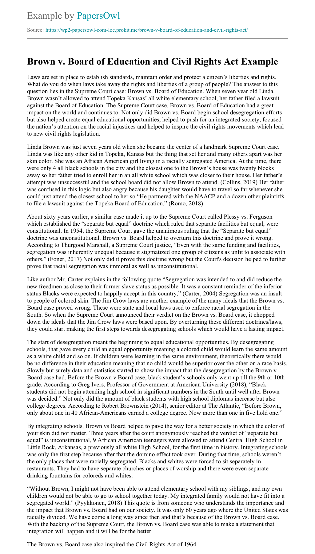Brown vs. Board of Education - Words | Research Paper Example