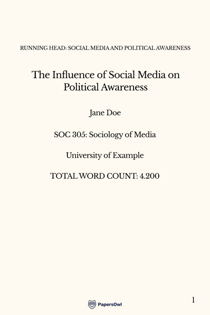 ASA style cover page with left-aligned running head, centered title, author, course name, institution, word count, and page number