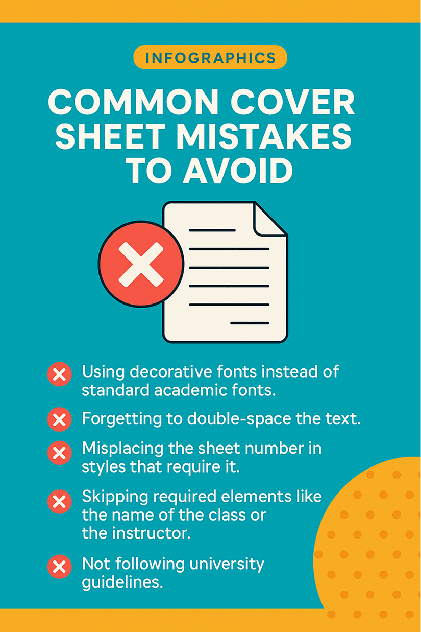 Infographic listing common cover sheet mistakes in academic writing, such as wrong fonts and missing information.