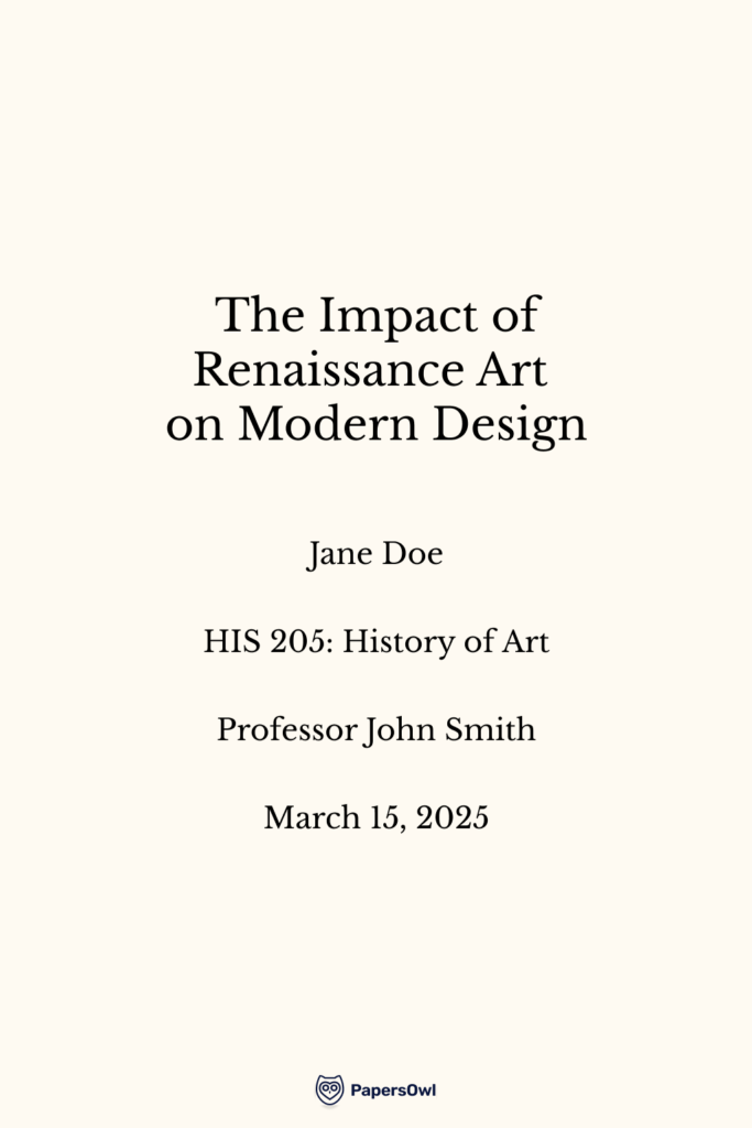 Chicago style essay title page featuring centered title, student name, course code, instructor, and date with minimalist academic layout