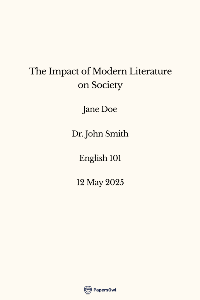 MLA formatted title page showing centered essay title, student name, instructor, course, and date