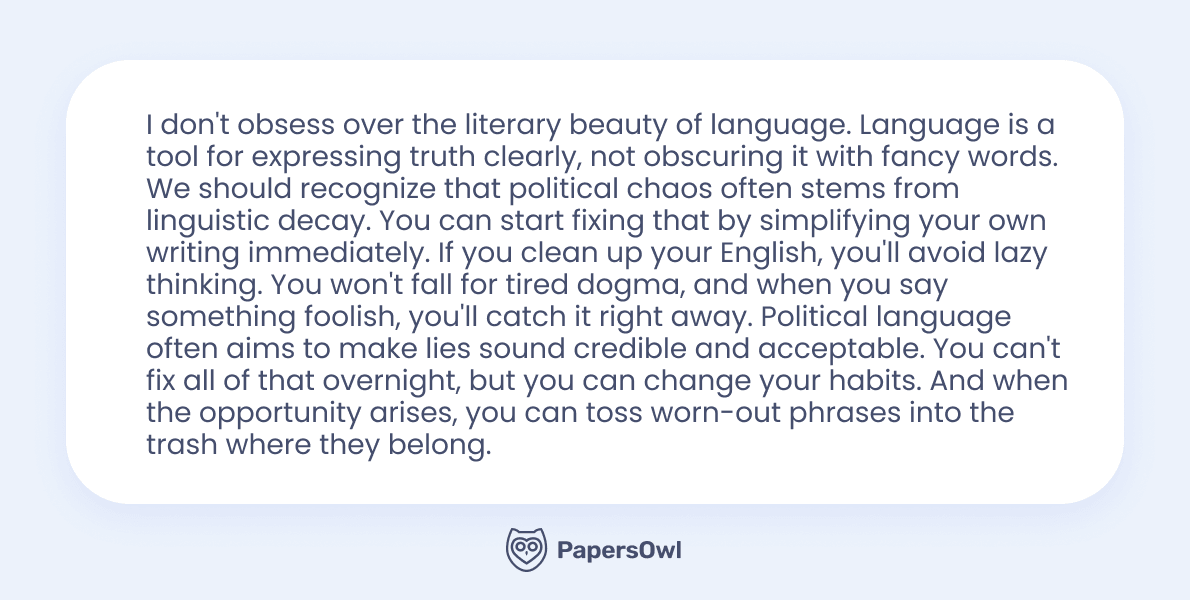 An effective conclusion paragraph example about the importance of clear language in politics and avoiding linguistic decay.