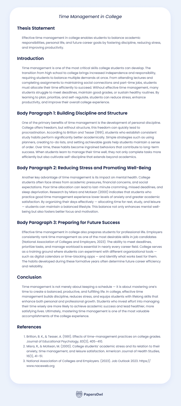 Expository essay on time management in college, covering strategies for building discipline, reducing stress, and preparing for future success.