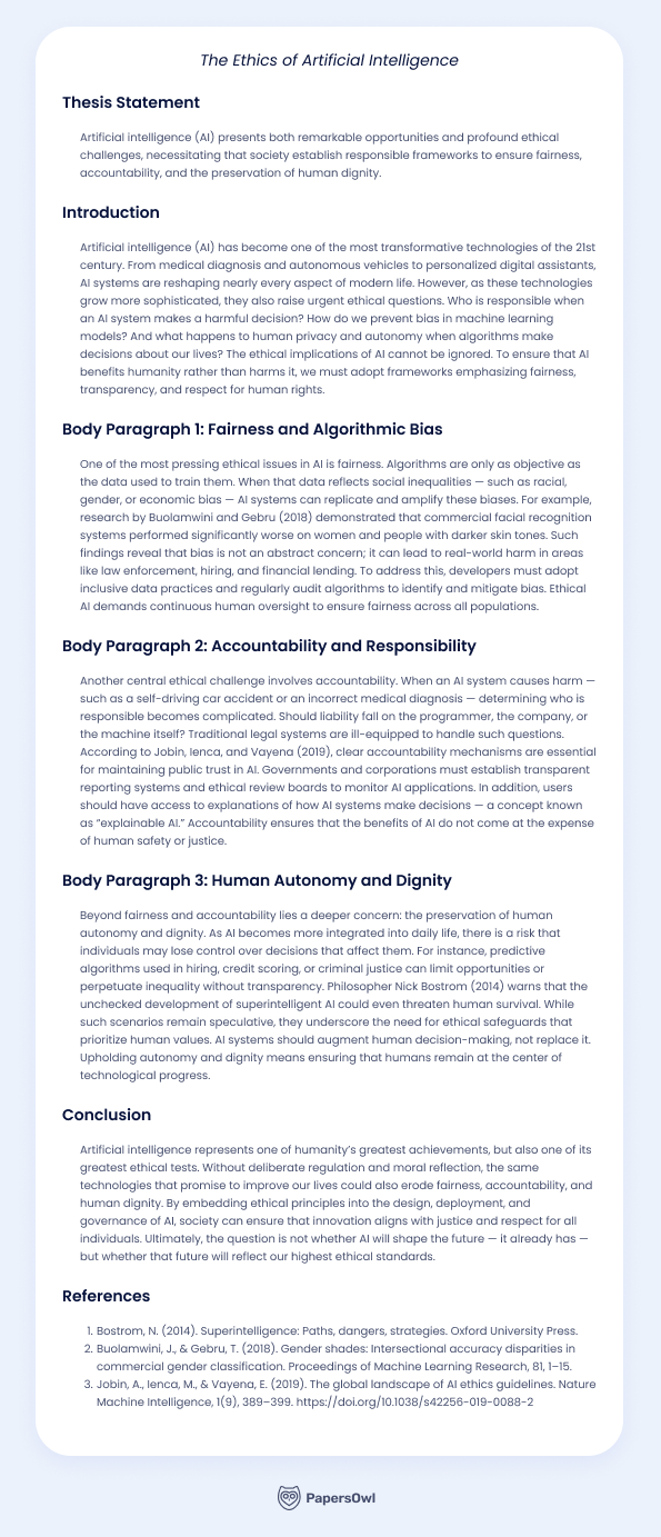 Persuasive essay on the ethics of artificial intelligence, discussing fairness, accountability, and human dignity in AI systems.